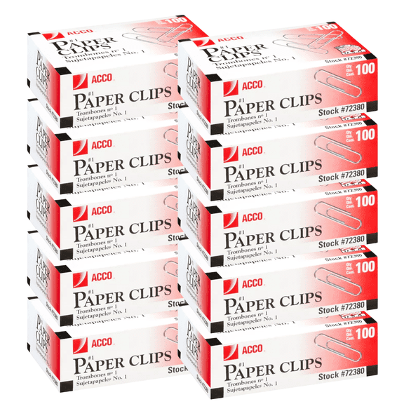 ACCO Smooth Economy Paper Clips, Steel Wire, No. 1, Silver, 100 Clips Per Box, 10 Boxes Per Pack