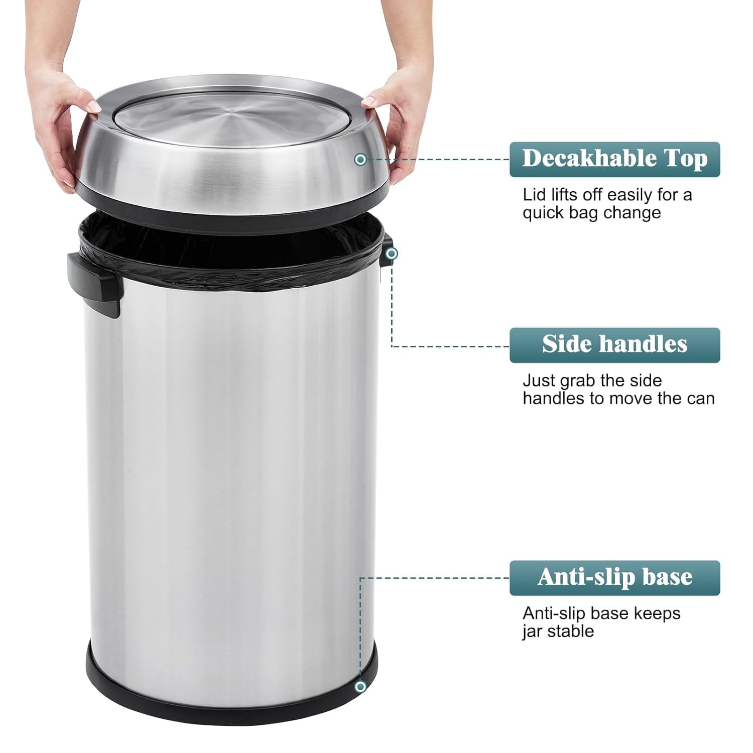 17 Gallon/65 Liter Swing Top Trash Can, Stainless Steel Round Garbage Can, Commercial Grade Waste Container, Heavy Duty Rubbish Bin for Indoor Outdoor, Home Office, Restaurant, Silver