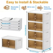 Storage Bins with Lids- 4 Tier Folding Storage box with Doors and Wheels, Collapsible Plastic Storage Bins for Closets, Stackable Storage Organizer, Storage Containers for Closet, White