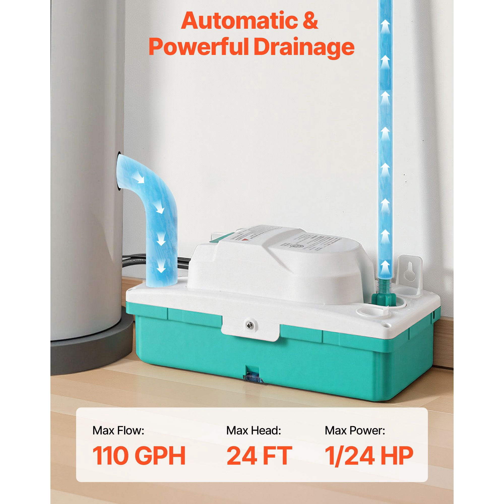 Condensate Removal Pump 1/24 HP 110 GPH 24ft Lift Quiet ≤30dB for HVAC Dehumidifier
