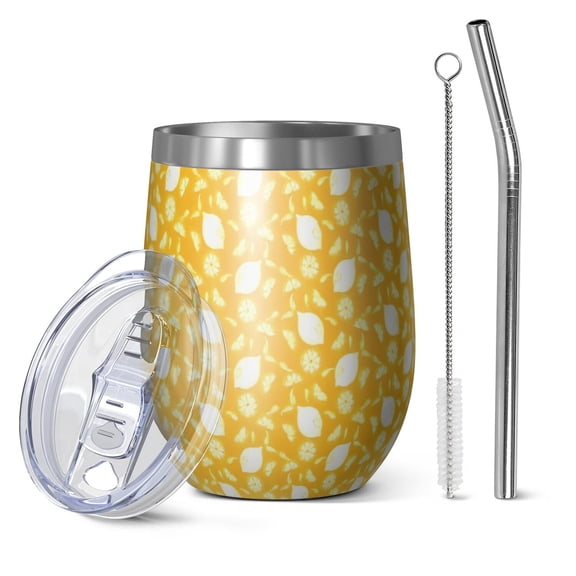 12oz Stemless Wine Tumblers Yellow Lemon Fruit Shapes Orange Pattern Vacuum Insulated Stainless Steel Travel Tumbler Cups Mug with Lid and Straw for Champaign,Cocktail,Beer with Cleaning Brush