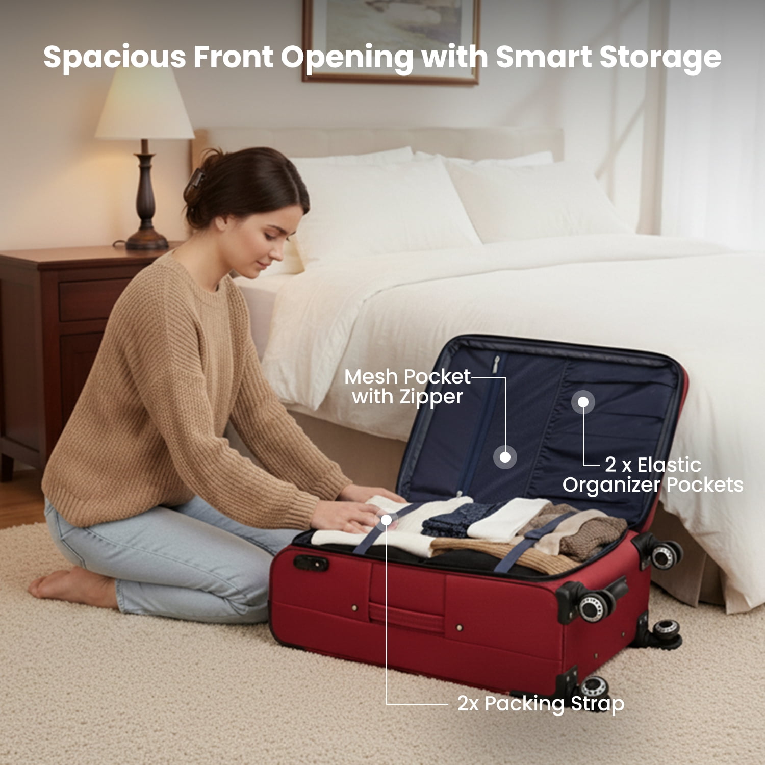 20" Softside Carry-On Luggage Lightweight Expandable Suitcase with Spinner Wheels & Front Pocket,Red - WD1622