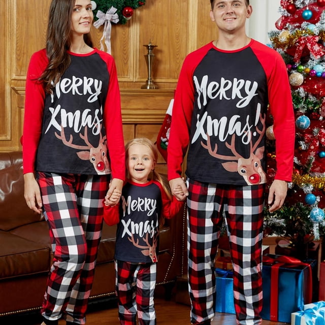 PatPat Mosaic Family Matching Reno Merry Christmas Pijamas Set (Resistente Al Fuego), Hombres Mujeres Baby Kid's Loungewear