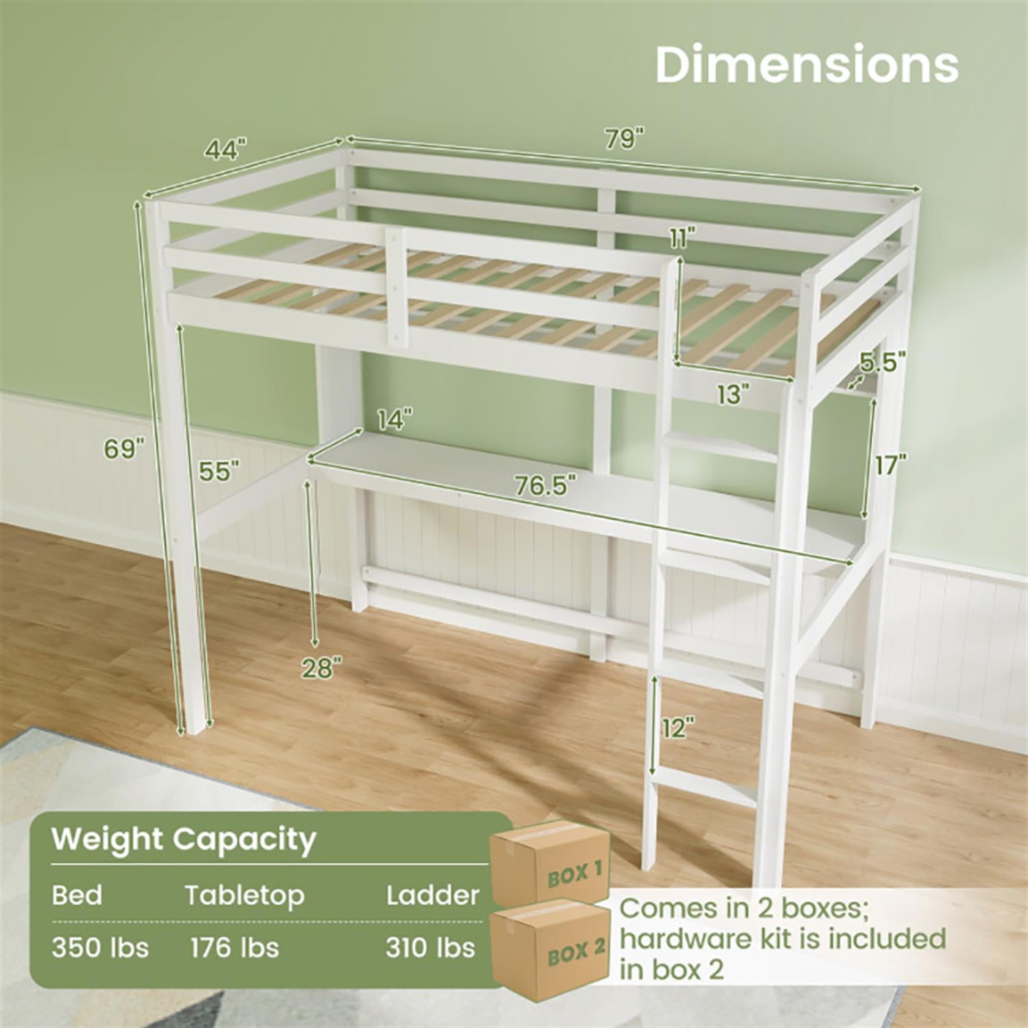 Demi Bonn Loft Bed Twin Size, Solid Wood Low Loft Bed with Guard Rail and Ladder, Modern Wooden Loft Bunk Bed Frame, White