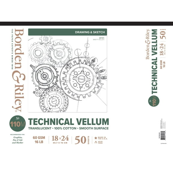Borden & Riley #110M Technical Vellum Pad, 50 Sheets, 18 in x 24 in