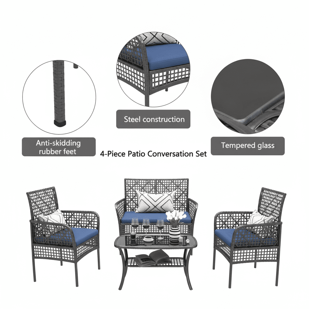 Segmart Patio Conversation Furniture Set,4-Piece PE Rattan Patio Furniture Set, Outdoor Conversation Set with Tempered Glass Table & Soft Cushions, All-Weather Blue Wicker Seating Group for Garden