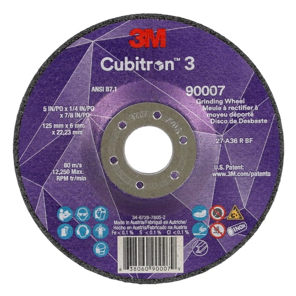 3M Cubitron 3 Depressed Center Grinding Wheel, 90007, Pack of 20, 36+, T27, 5 in x 1/4 in x 7/8 in (125x6x22.23mm) ANSI