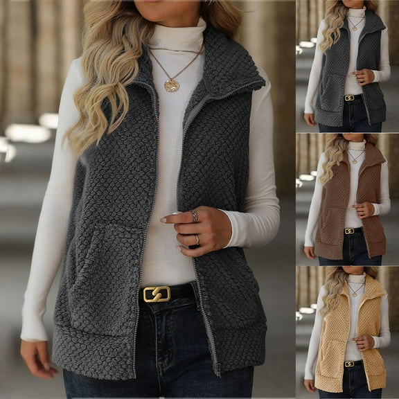 jtjvou Fleece Vest Women Fall Winter Fuzzy Sleeveless Jacket Ladies Lightweight Warm Outerwear Vests Fashion Casual Brown L