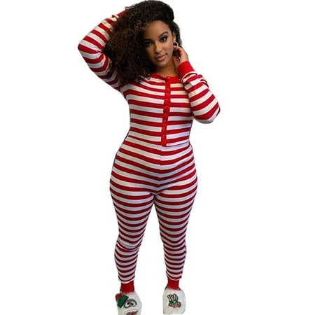 

Woman s Christmas Pajamas Pjs Sexy Stripe One-piece Romper Long Sleeve Slim Elastic Jumpsuit Lady Xmas Loungewear Bodycon