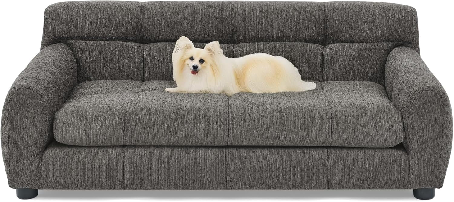 38" Dog Sofa Bed, Elevated Dog Bed with Backrest and Armrests, Soft Memory Foam Couches for Small and Medium-Sized Pets, Durable Linen Pet Couch Furniture, Dark Gray