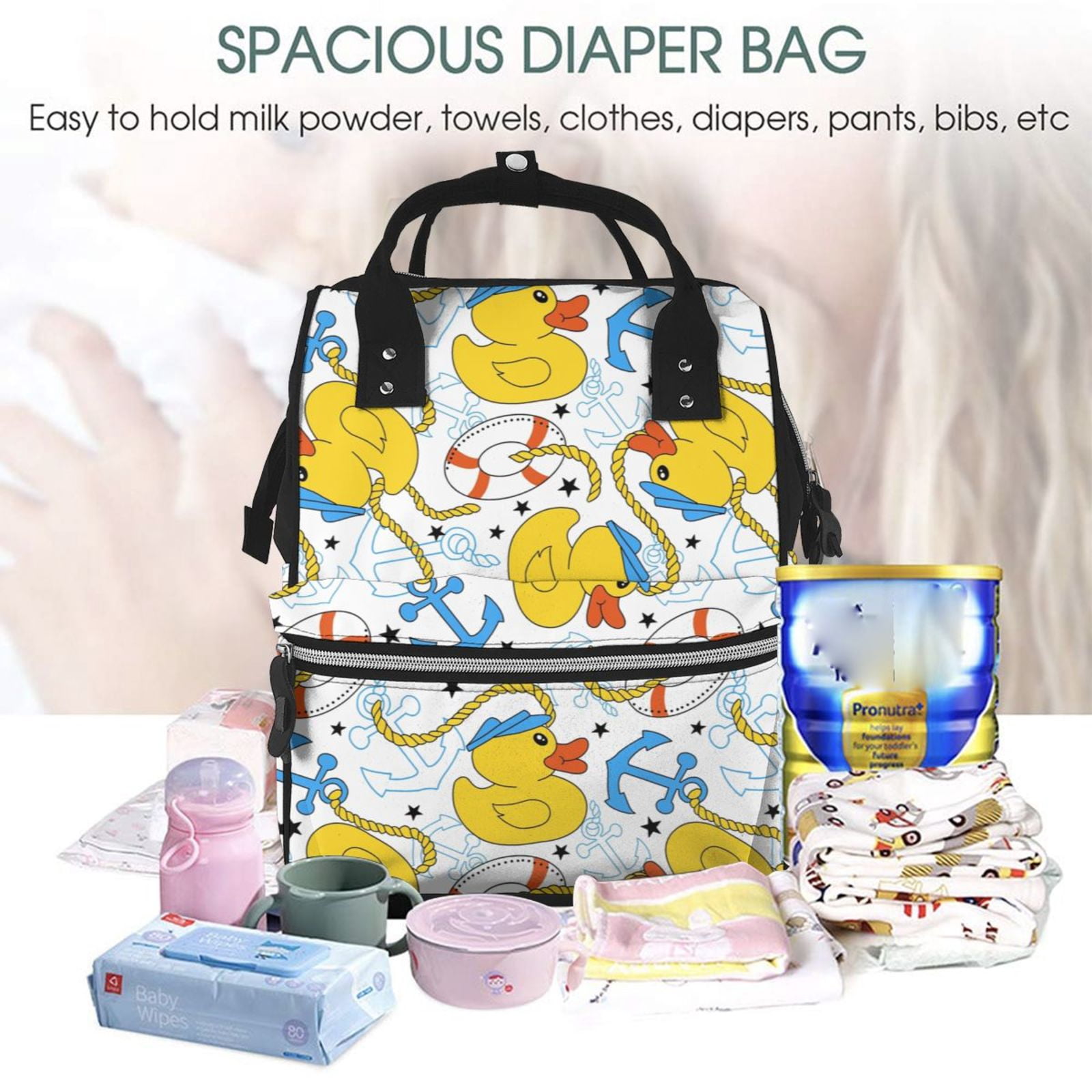 Ratiio Ducks and Anchors Mummy Backpack - Waterproof Twill Canvas, Large Capacity Diaper Bag with Multiple Pockets and Adjustable Straps