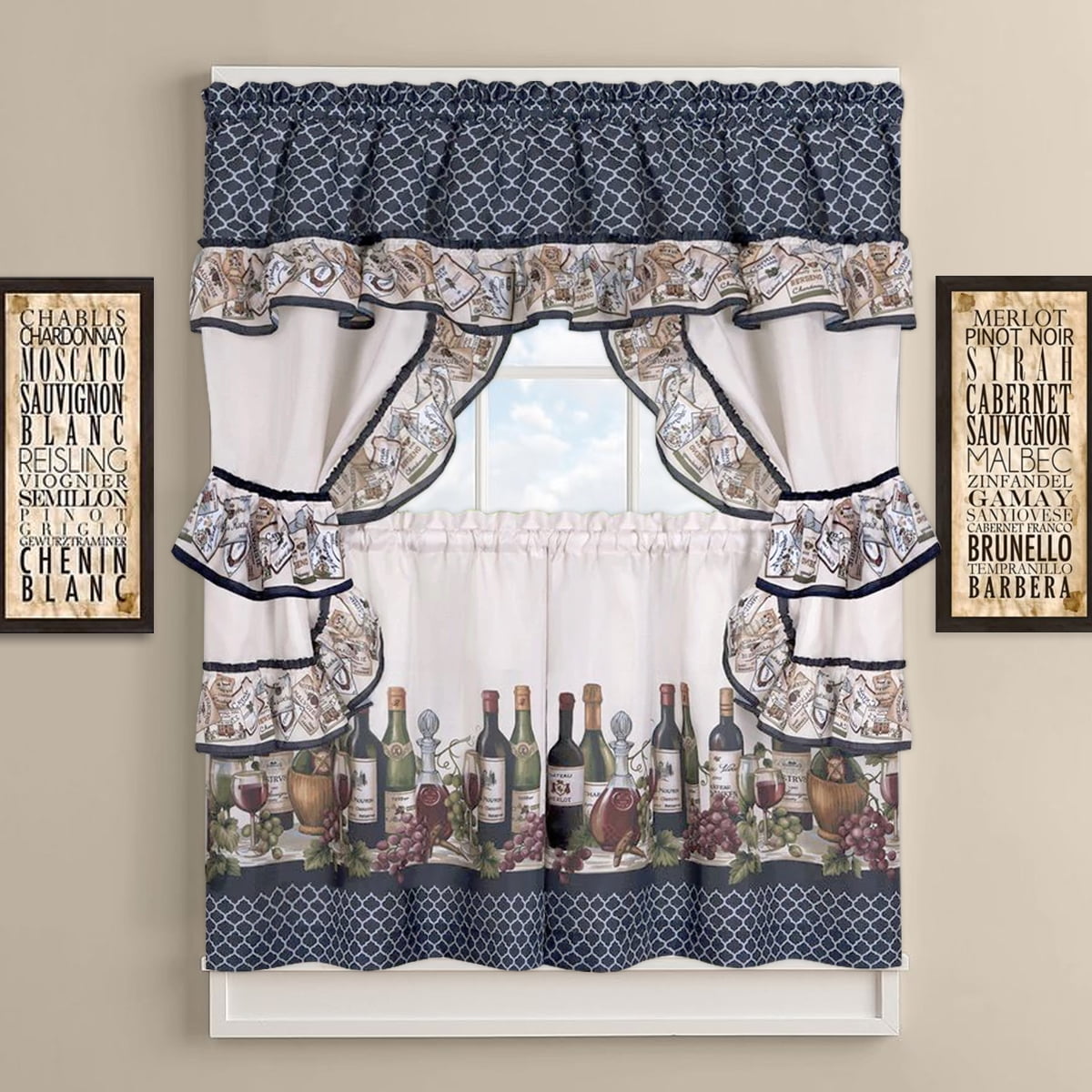 Wines Wine Bottles Tuscany Tiers Valance Kitchen Curtains Set 24L 