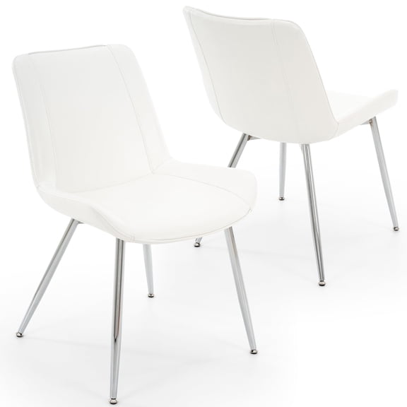 Modern Faux Leather Dining Chairs Set of 2, Upholstered Kitchen & Dining Room Chairs with Backrest, Durable Metal Legs(White, Silver Legs)