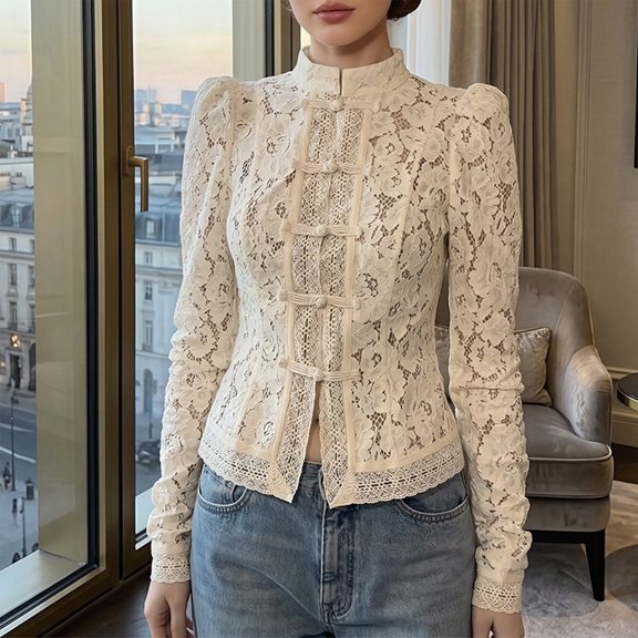 Women's Fashion Elegant Commute Stand Collar Blouse, Lace Crochet Detail with Chinese Frog Button Closure, for Office Work or Daily Casual Outfits in Spring Beige