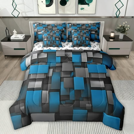 Castle Fairy Black Blue Grid Twin Bedding Sets Futuristic Cubes Bedding Comforter Set