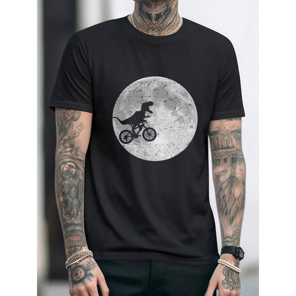 【New Arrival】Funny T-Rex Riding Bicycle Full Moon Graphic T-Shirt, Soft Cotton Short Sleeve Crew Neck Tee, Casual Summer Streetwear Novelty Gift For Dinosaur Lovers