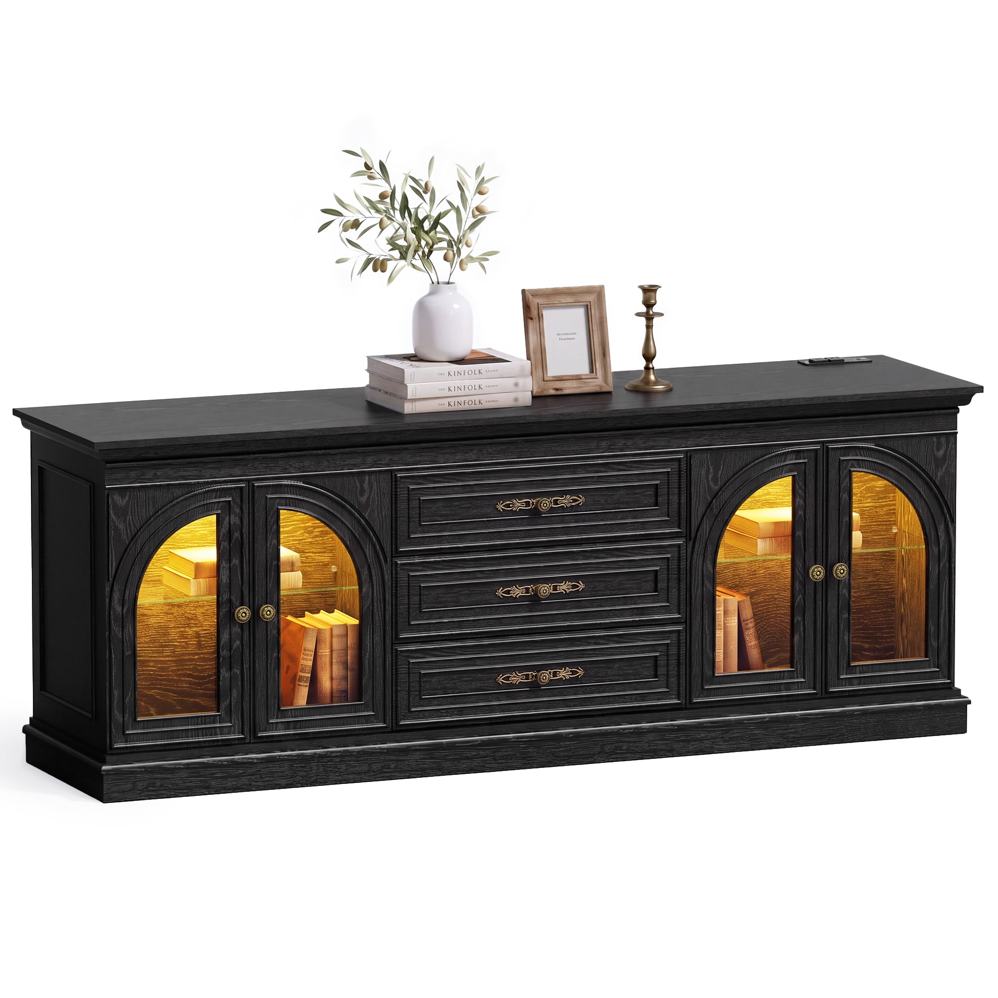 Lacoo 63'' Vintage-Style TV Stand for TVs Up to 70'' with LED Lights and Outlets, Entertainment Center with Storage Cabinets and Drawers for Living Room, Black