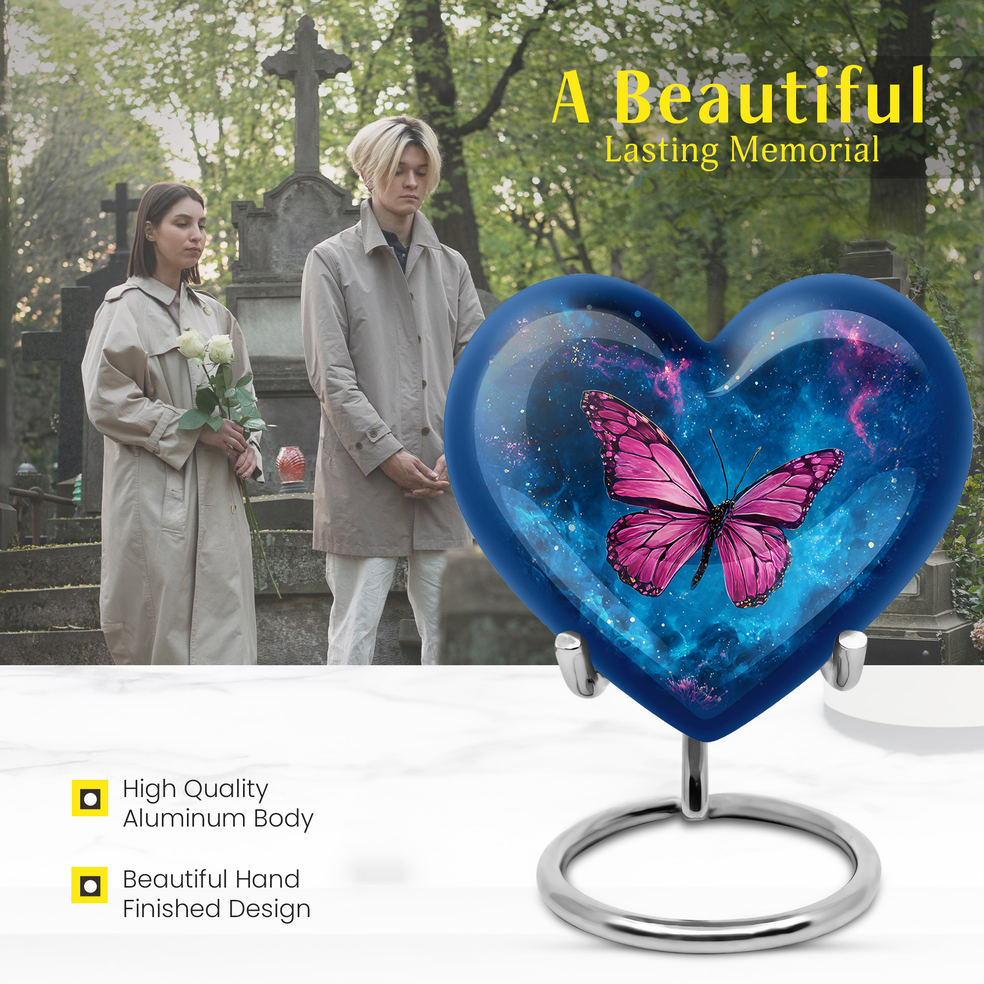 MUKTIVE Purple Butterfly Funeral Urn for Ashes for Women, Burial Galaxy Urns for Adult Male, Decorative Keepsake Heart Blue Urns for Human Ashes, Cremation Urn for Mom & Dad, 3 inch