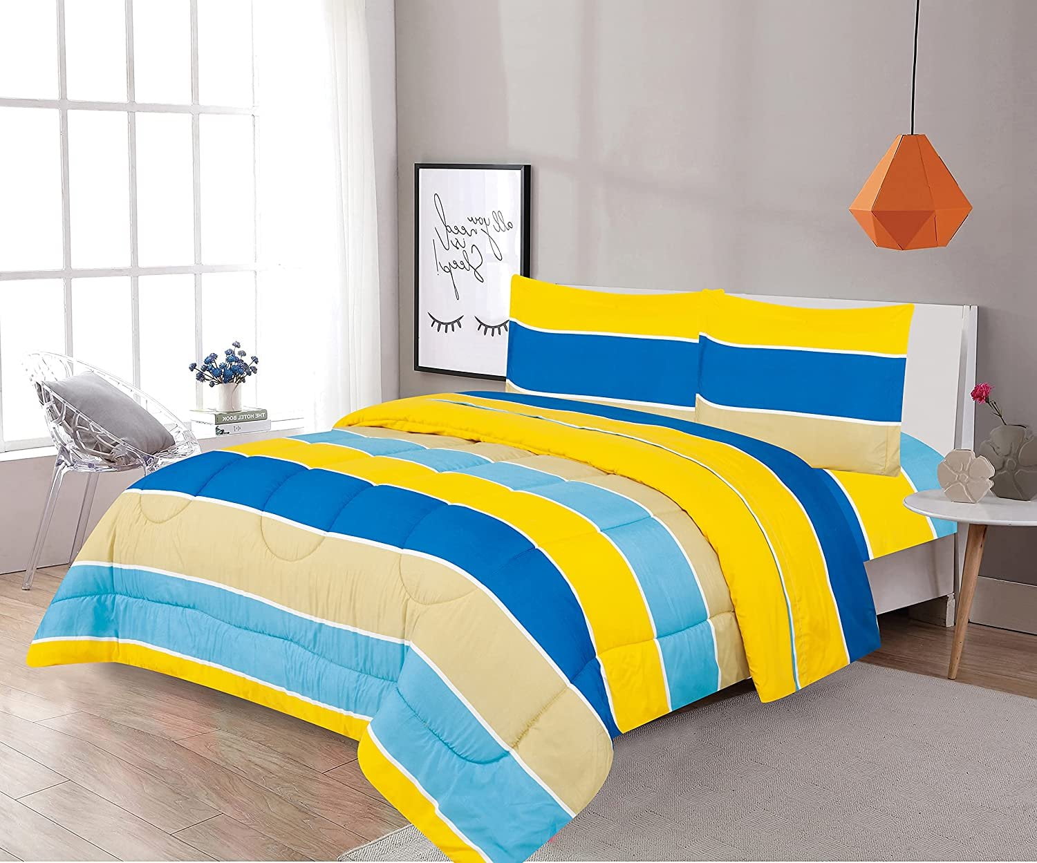 Sapphire Home 5 Piece Twin Size Comforter Set Bed in Bag with Shams, Sheet Set, Blue Yellow