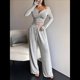 thumbnail image 5 of Conjuntos de Dos Piezas de Otoño para Mujer, Camiseta de Larga con Cuello en V y Pantalones Anchos, Conjuntos de Chándal Informal. Gris S, 5 of 9
