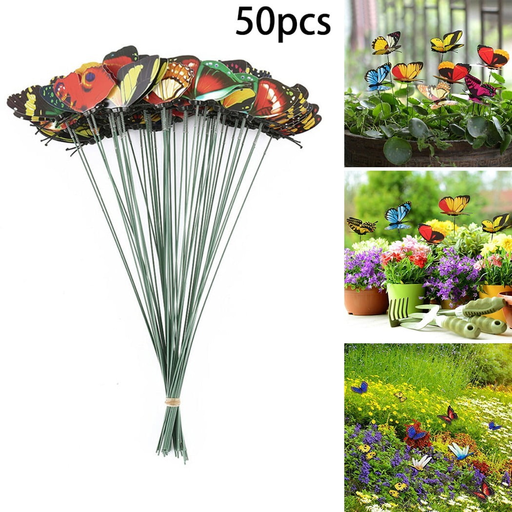 50pcs Butterfly Stakes Outdoor Yard Flower Planter Pot Bed Garden Decor Yard Art