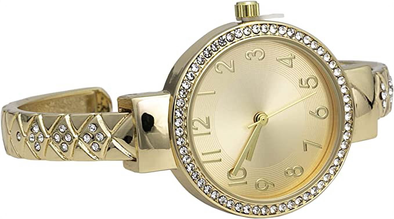 Blekon Collections Womens 32mm Case Plaided Designed Rhinestone Cuff Bangle Watch