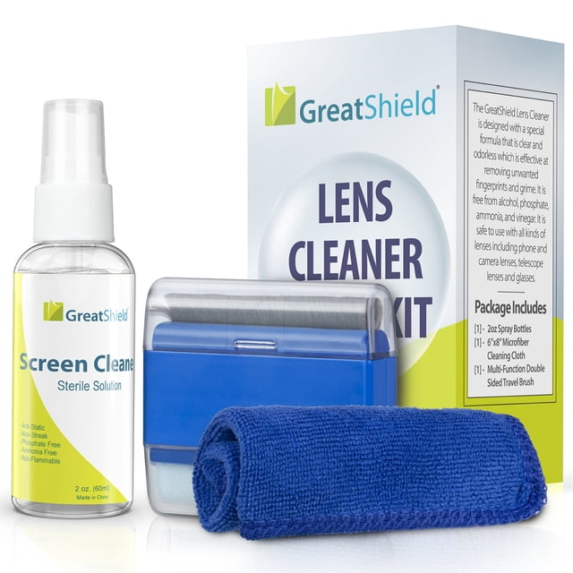 GreatShield Universal Screen Cleaning Kit, Microfiber Cloth + 2 Sided Brush + Non-Streak Solution Cleaner Spray for TV, Laptops, PC Monitors, Smartphones, Tablets, Lenses, Camera, Camcorders, Keyboard