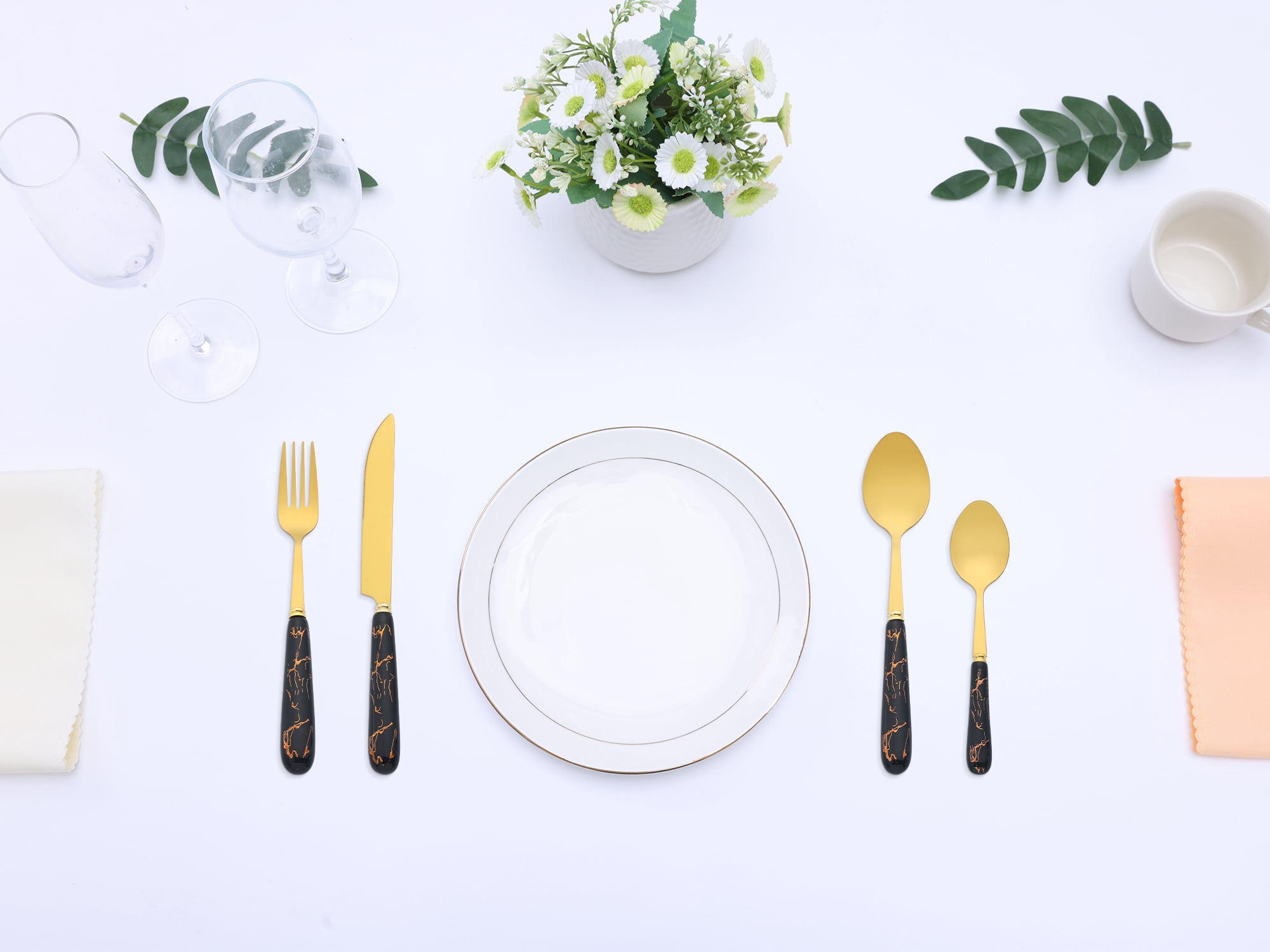 Unique Bargains 24 Pieces Stainless Steel Floral Flatware Set for 6 Black