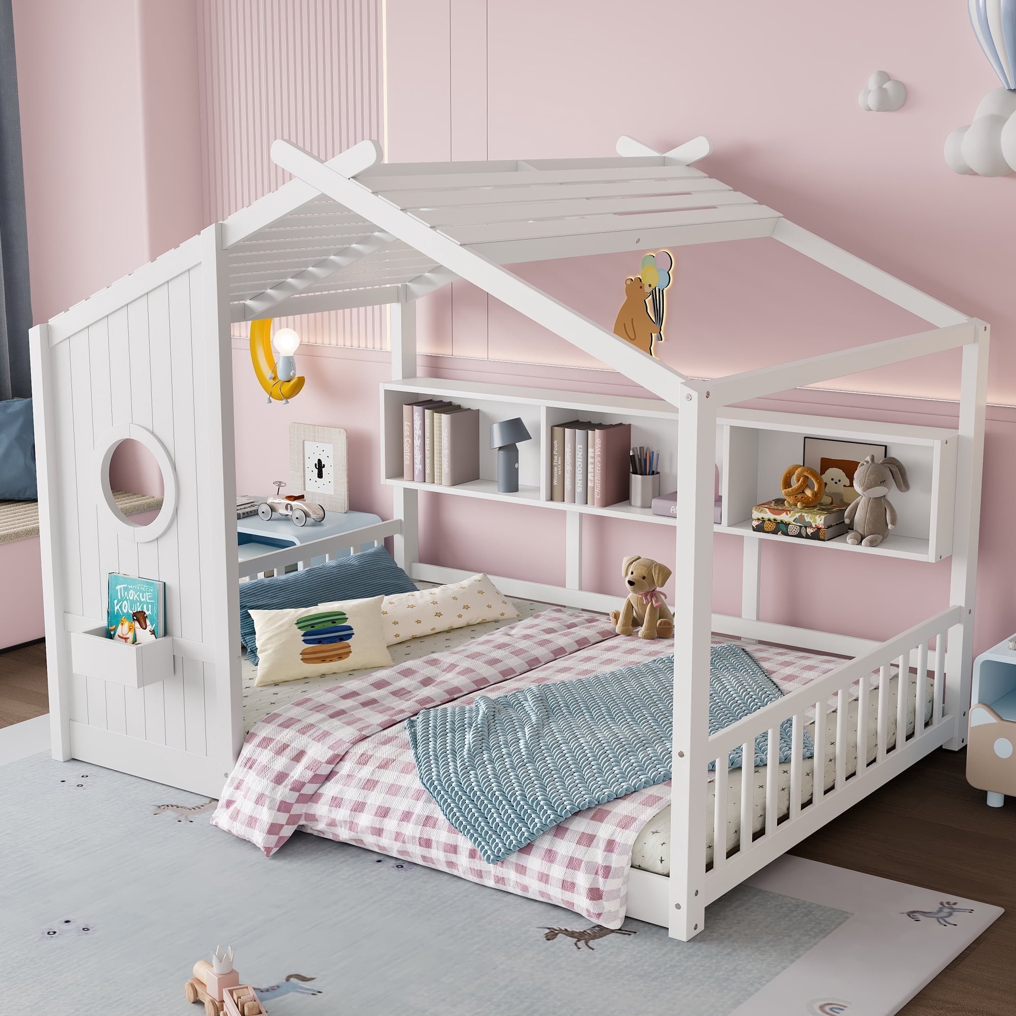 Euroco Wood Full Size House Bed with Cabinets, Floor Bed with Roof Design and Storage Shelves, White
