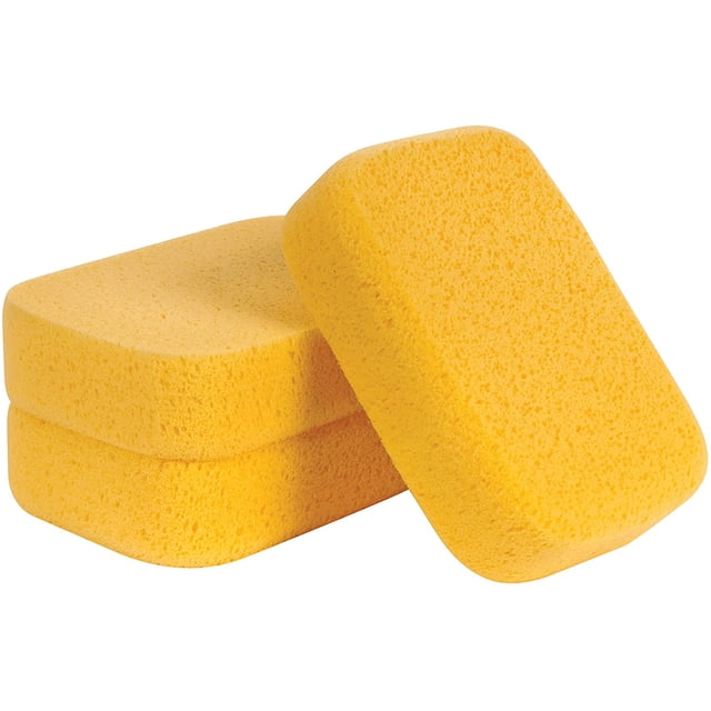 paquete de 5, esponja para juntas super, amarilla Paquete de esponjas amarillas rectangulares con bordes redondeados en vista frontal y lateral; textura porosa de alta densidad visible, para eliminar exceso de lechada y retener agua; también adecuada para limpieza de juntas en azulejos.