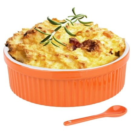 Souffle Dish Ramekins for Baking – 48 Oz, 1 Quart Large Ceramic Oven Safe Round Fluted Bowl with Mini Condiment Spoon for Soufflé Pot Pie Casserole Pasta Roasted Vegetables Baked Desser