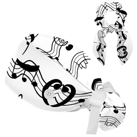 

Working Cap with Buttons and Sweatband Scrub Hat Bouffant Caps with Scrunchie Musical Notes Tie Back Hats