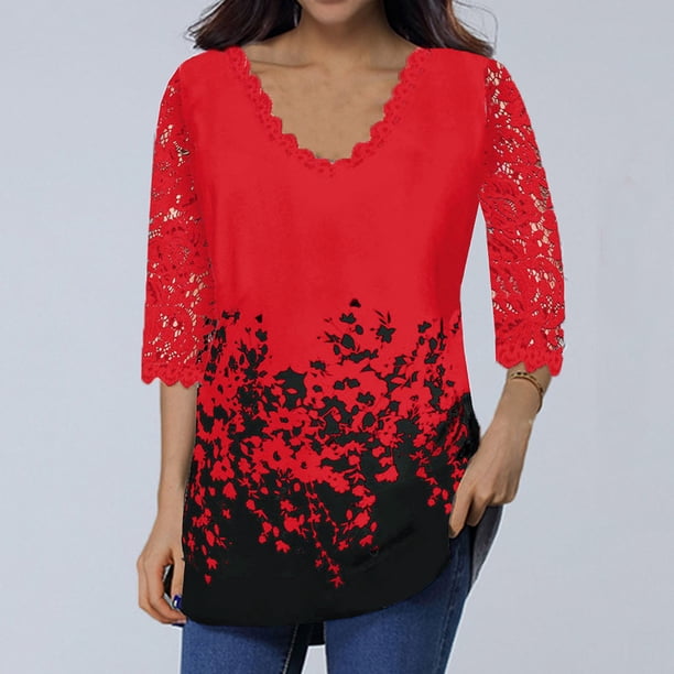 ICHUANYI Clearance Women's Lace 3/4 Sleeve V Neck T Shirt Ladies Floral Blouse Tunic Tops Plus Size(Red, XL) ICHUANYI WER2023080705843