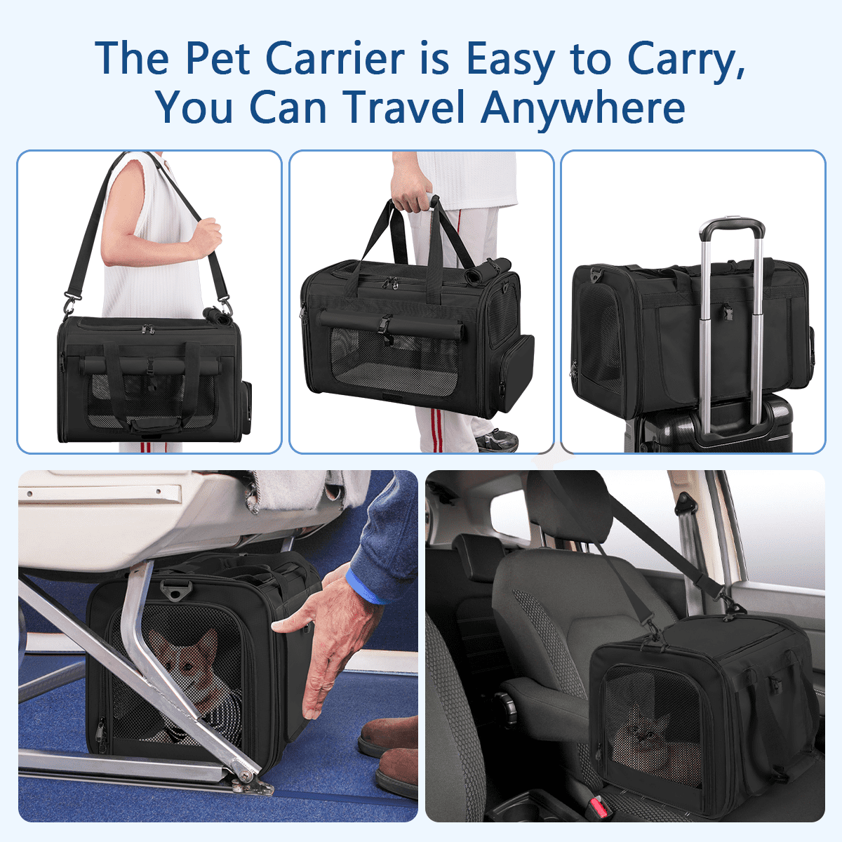CshidWorld Collapsible Cat Carrier Pet Carrier for Large Cats (up to 25lbs), TSA Airline Approved Cats Carrier Soft Sided, Small Dog Travel Bag with a Bowl/Safety Leash-Black