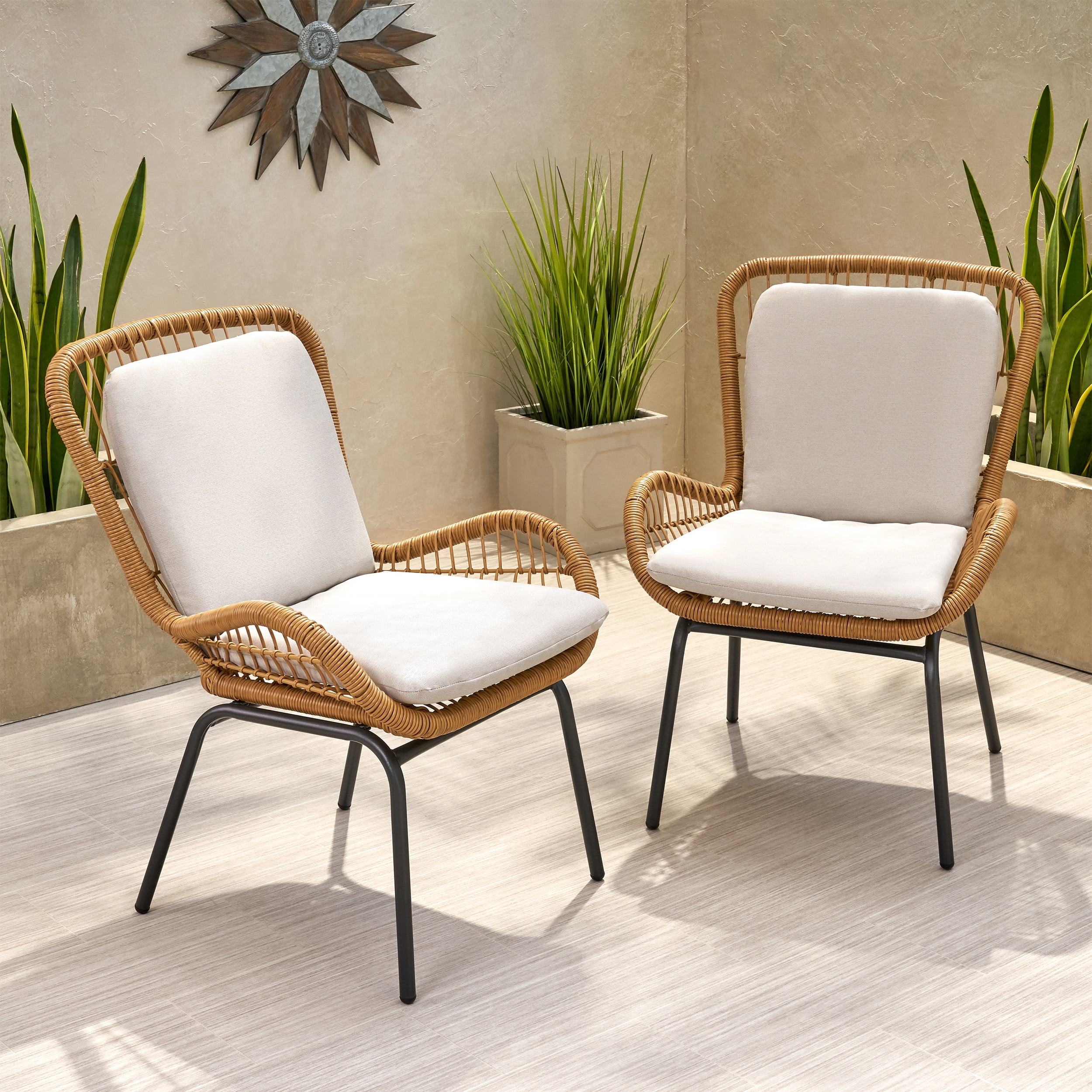 Outdoor Open Weave Wicker Club Chair Set of 2, Cushioned Leisure Seats for Patio Garden, Light Brown