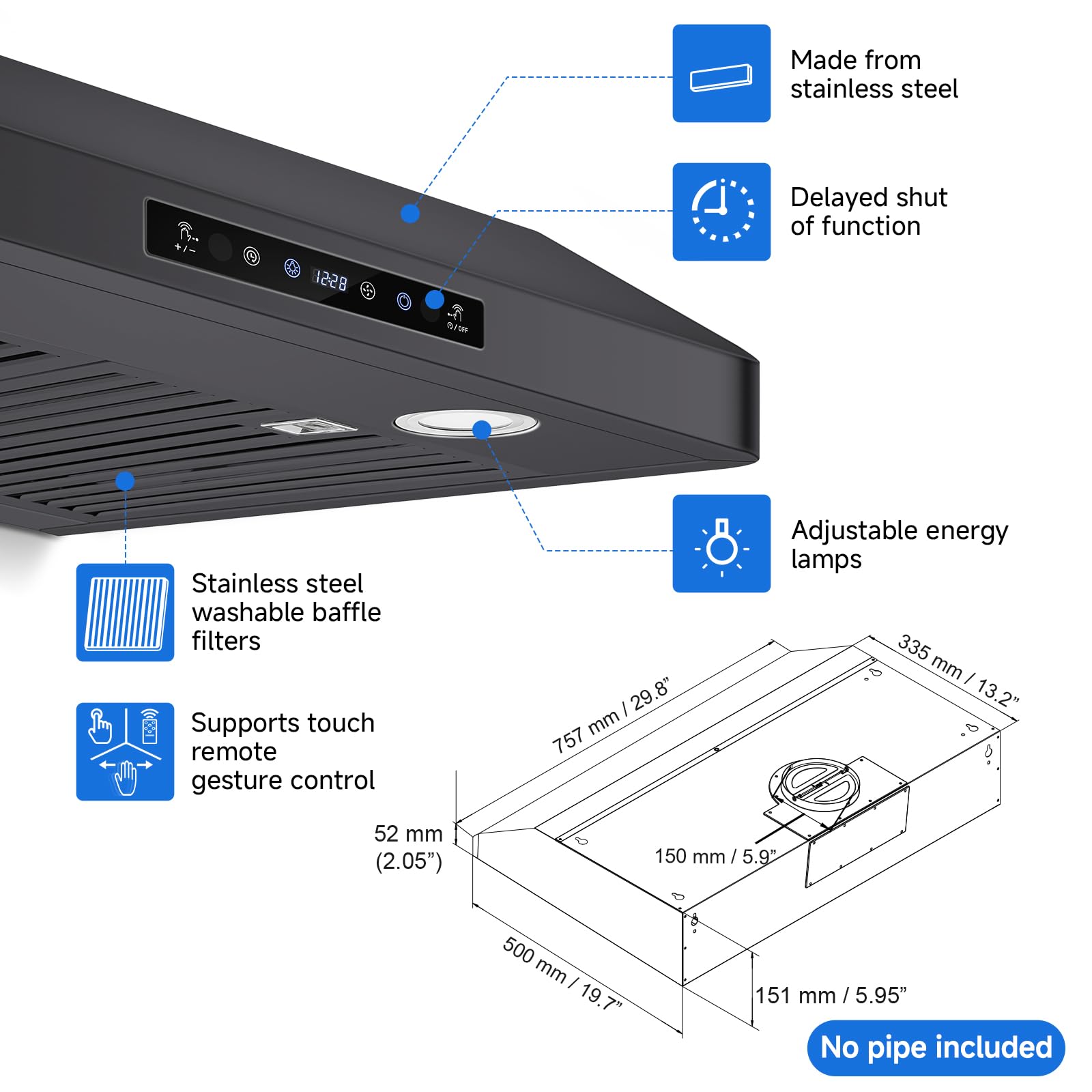 Aobosi Under Cabinet Range Hood 30 Inch, 750CFM Stainless Steel Kitchen Stove Vent Hood 3 Speed Exhaust Fan Touch/Remote/Gesture Control, Black