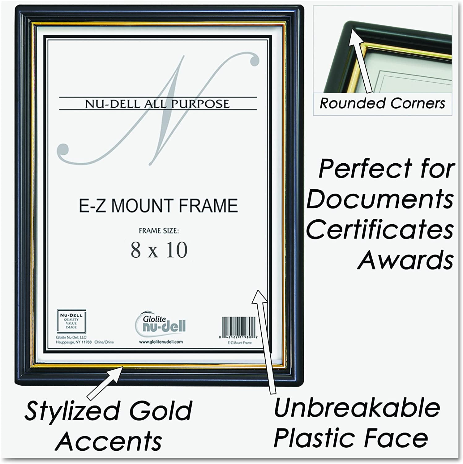 Black with Gold Trim Details about   NuDell 8 x 10 Inches EZ Mount Document Frame Plastic Face 