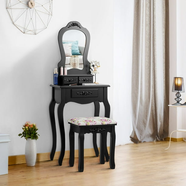 Costway Vanity Wood Makeup Table Stool Jewelry Desk Black White Walmart Com Walmart Com