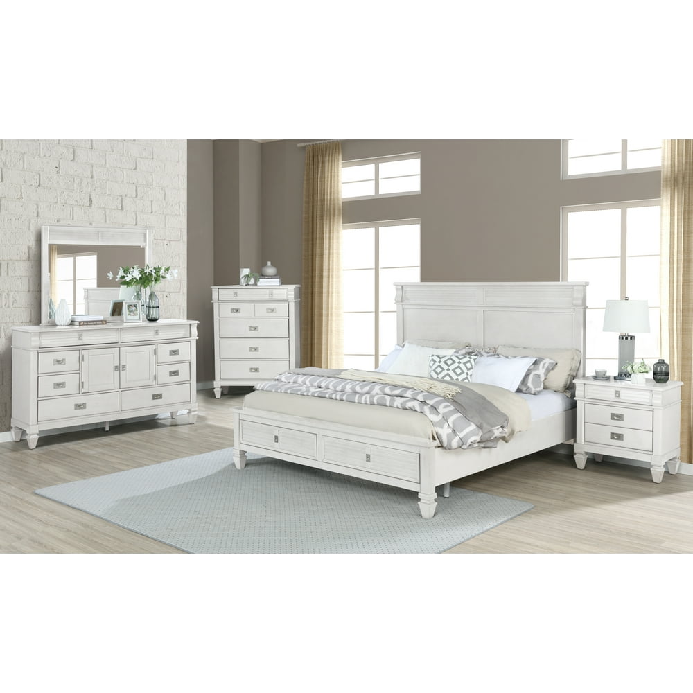 York Wood Antique White Bedroom Set with Storage Platform King Bed