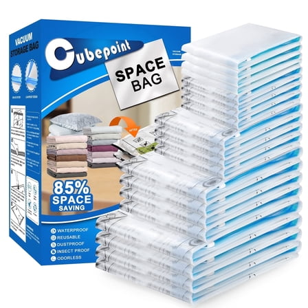 Cubepoint 25 Pack Vacuum Seal Bags ,5 Jumbo 5 Large 5 Medium 5 Small 5 Roll up Bags Vacuum Storage Bags for Travel, Vacuum Bags for Clothes, Quilts, Pillows, Comforters