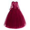 thumbnail image 2 of IBTOM CASTLE Flower Girls Long Floral Boho Lace Wedding Bridesmaid Dress 3/4 Sleeves Princess Puffy Maxi Tulle Pageant Formal Party Gowns 13-14 Years Wine Red, 2 of 8