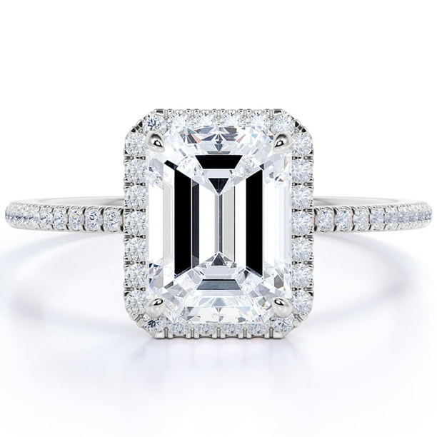 JeenMata Anillo de Compromiso Clásico con Halo de Talla Esmeralda de 1,75 Quilates en Oro Blanco de 18 K sobre Plata