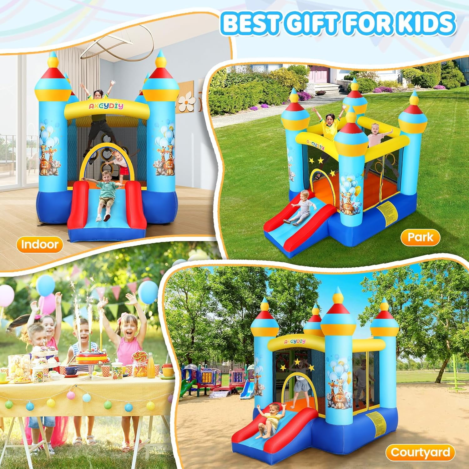 Qhomic Bounce House, Animal Themed Castle, Indoor Outdoor Inflatable Bounce House with Jumping Area, Slide, 370W Blower