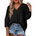 thumbnail image 2 of Women Blouses Dressy Casual V Neck 3/4 Length Sleeve Womens Tops with Smocked Cuffs Black XL, 2 of 7
