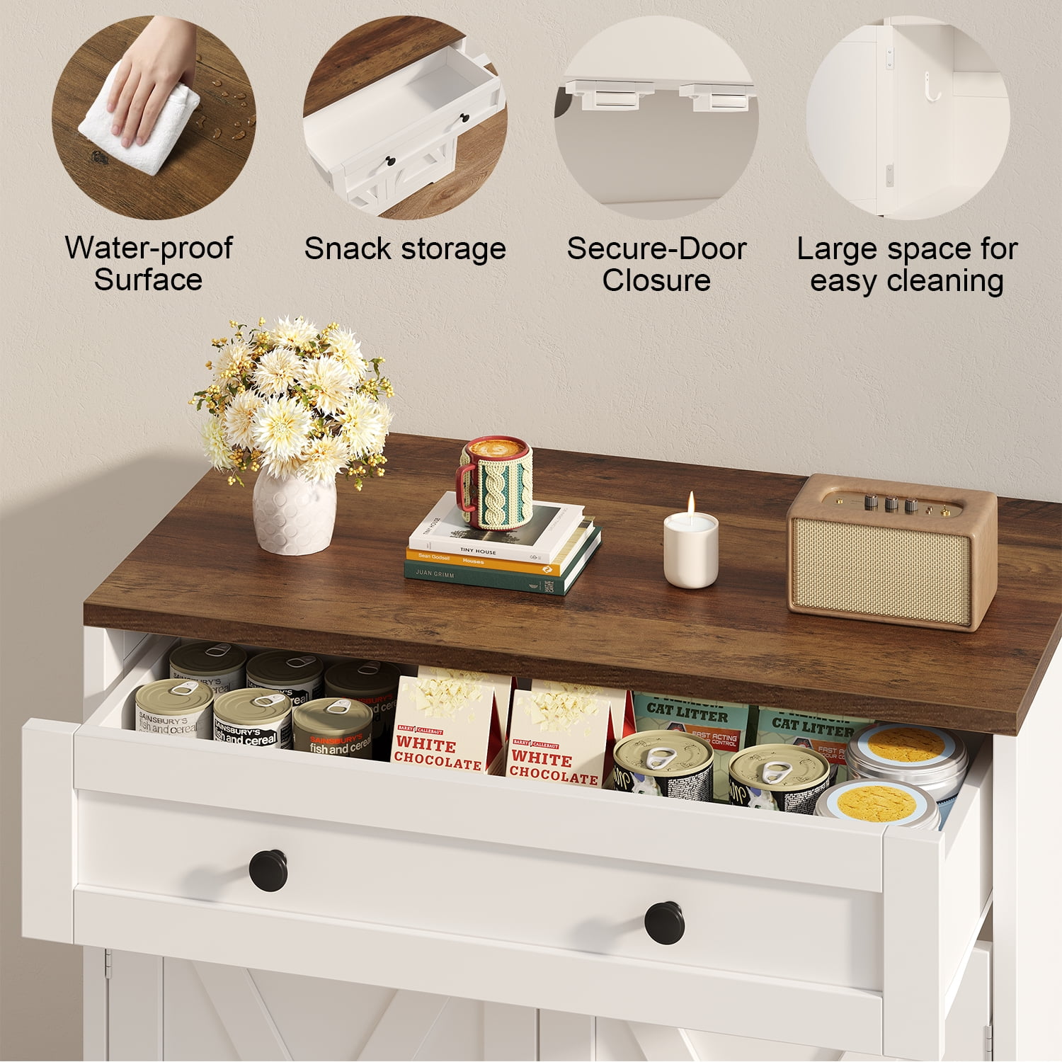 Cat Litter Box Enclosure with Storage Drawers, White Hidden Litter Box Furniture | Modern Farmhouse Style Indoor Cat House | Multi-Functional Side Table, Cabinet or Nightstand for Home
