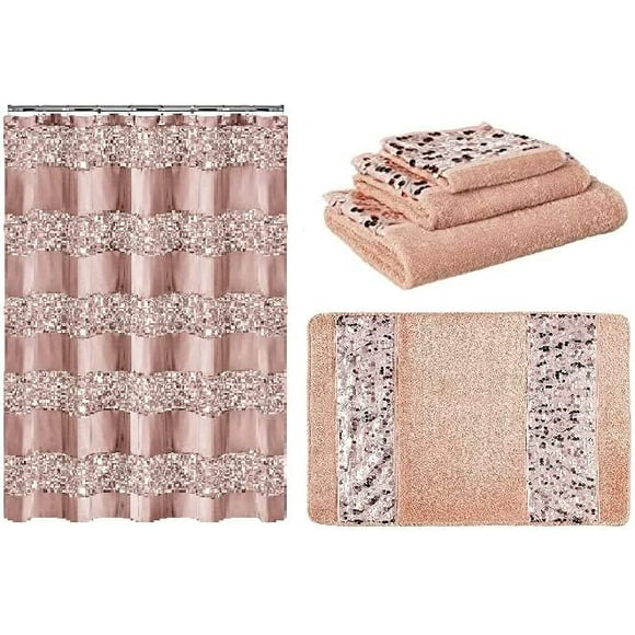 5 Items: Sinatra Shower Curtain, Bath Towel, Hand Towel, Fingertip Towel and Bath Rug with Sequins, Blush Pink