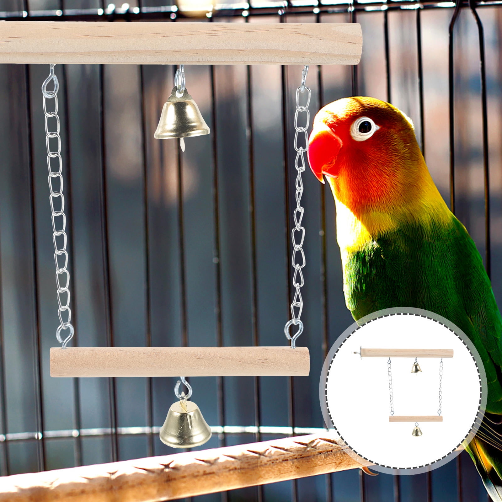 OFFIGAM Parrot Hanging Swing with Bell, Decorative Wooden Cage Accessory
