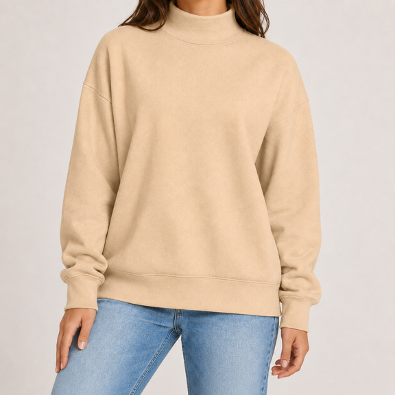 Women Mock Neck Sweatshirt Oversized Drop Shoulder Turtleneck Soft Long Sleeve Solid Color Pullover Casual Fall Everyday Tops Beige XXL