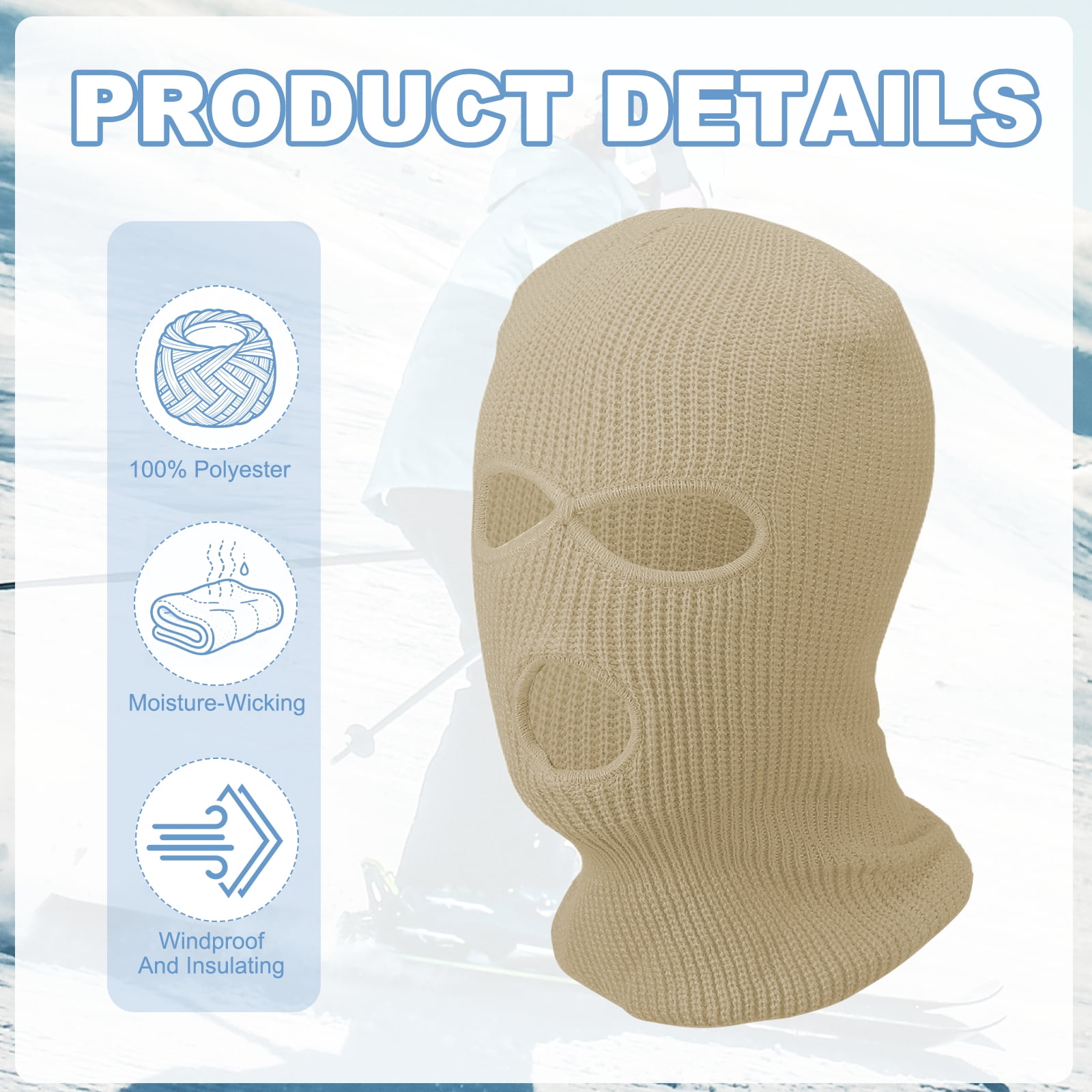 Uxcell 3-Hole Full Face Mask Cover, Ski Mask Knitted Warm Knit Cover Winter Balaclava Face Mask Cap Ski Polyester& 2 Pcs& Beige -Fitting for ( Men/Women/Winter Outdoor Sports/Skiing)