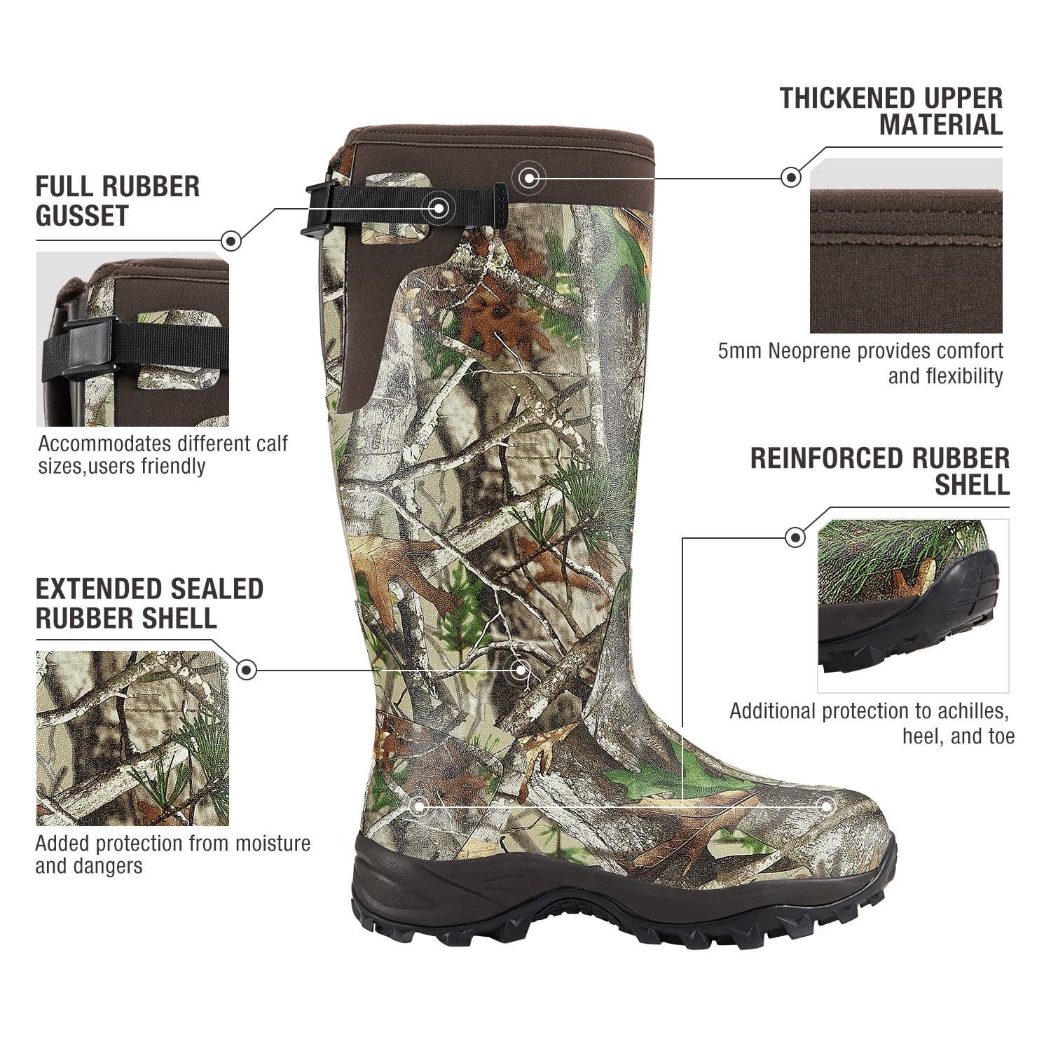 HISEA Rubber Men's Hunting Boots, Waterproof Adjustable Rain Boots for Men
